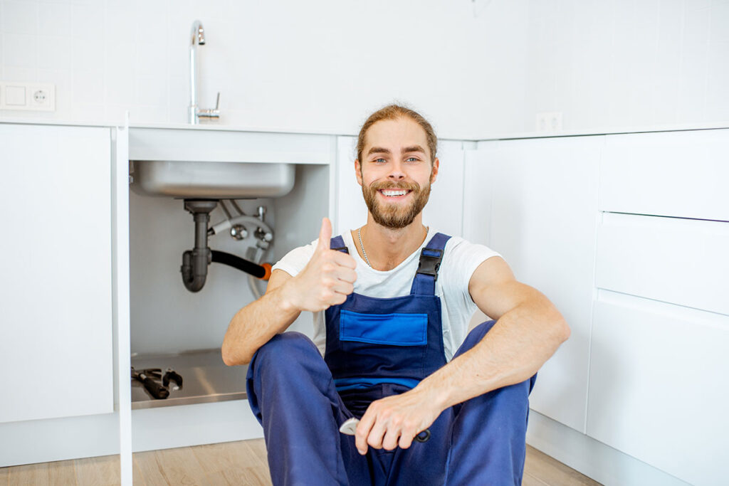 A professional commercial plumber in San Diego CA giving a thumbs up after finishing a repair under a commercial sink.
