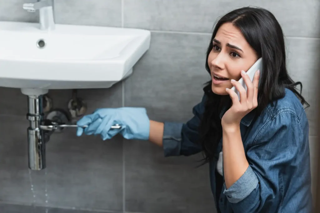 Homeowner calling emergency plumber San Diego CA for leaking bathroom sink