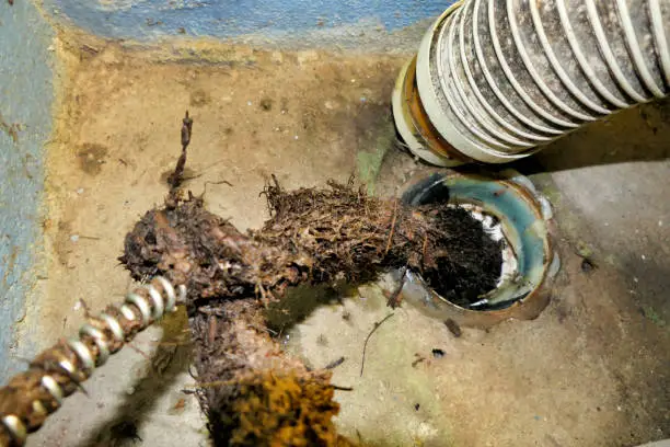 A close-up view of a sewer drain cleanout pipe with massive, dirty tree roots being extracted using a plumbing snake/auger, illustrating how tree roots in sewer lines cause severe blockages.