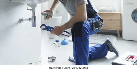 A professional technician fixing a bathroom sink drain pipe with blue pliers, highlighting common services that impact how much does a plumber cost in San Diego.