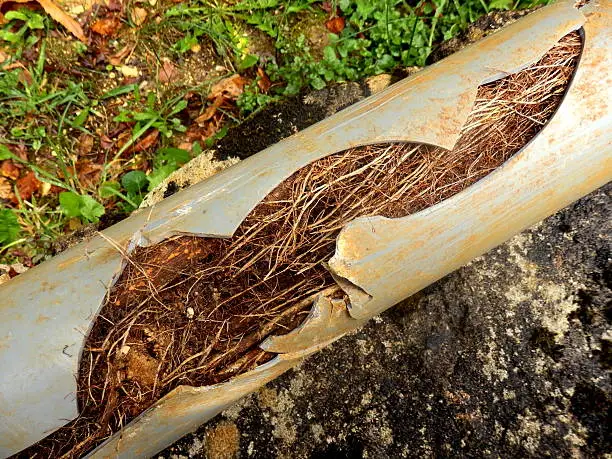 A close-up photograph of a section of grey, fractured plastic sewer pipe lying on ground with weeds. A large opening in the side reveals dense, tightly packed brown tree roots completely filling the interior of the pipe, blocking all flow.