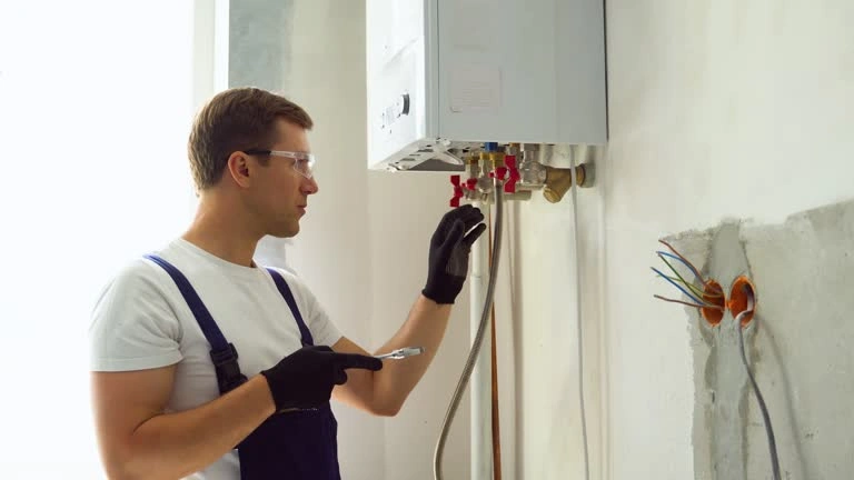 Professional technician in protective gear adjusting isolation flush valves under a wall-mounted tankless water heater during routine maintenance.