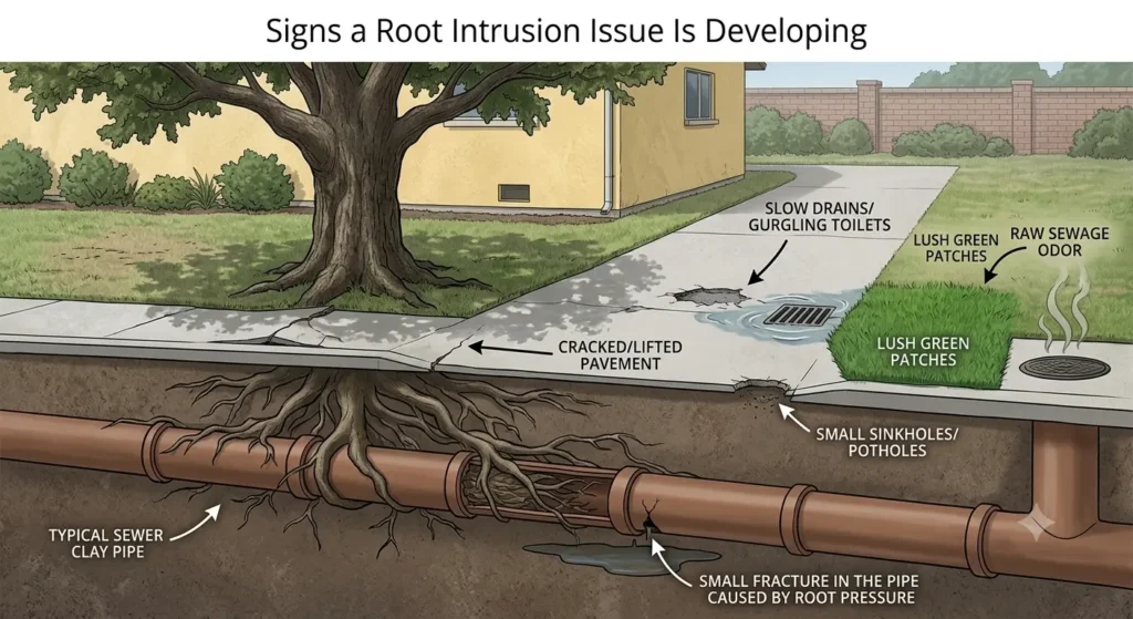 Multiple drains in the home running slowly at the same time, rather than just one fixture and it's a sign of Signs a Root Intrusion Issue Is Developing.