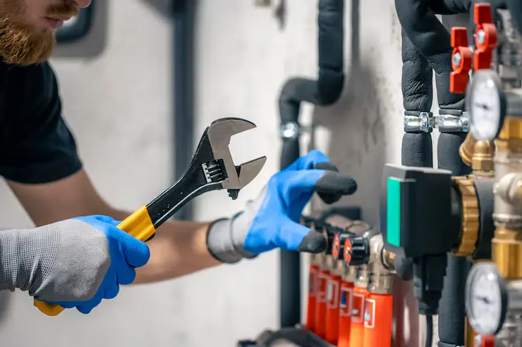 A plumbing technician in blue safety gloves using an adjustable wrench to calibrate a residential water heater system, showcasing specialized services that determine how much does a plumber cost in San Diego.