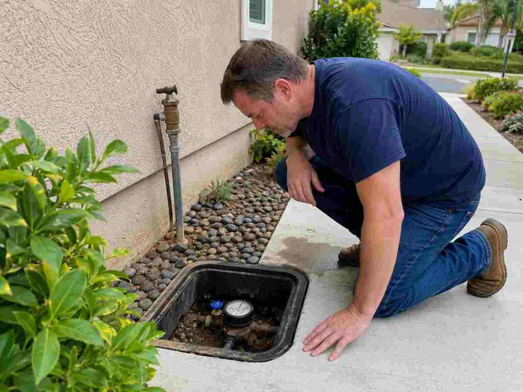 Homeowner inspecting a residential water meter and main water shutoff valve while troubleshooting low water pressure.