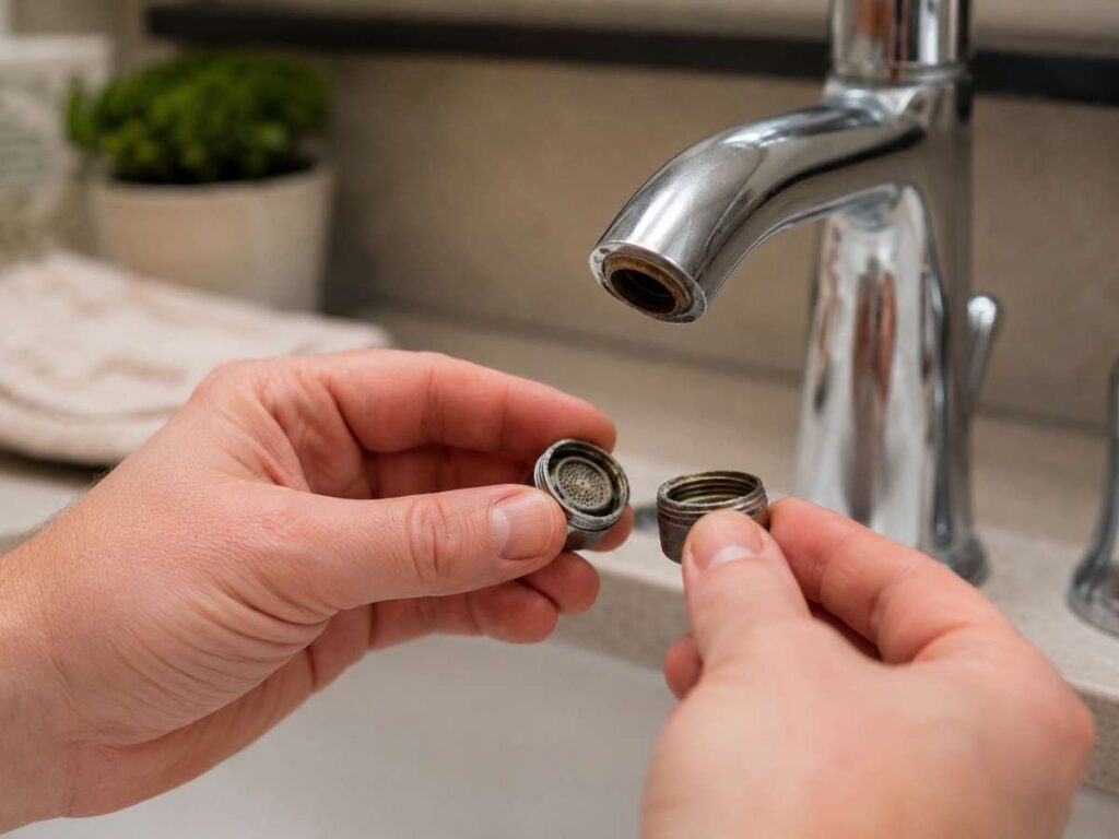 Close up of a faucet aerator being removed and cleaned to restore low water pressure caused by mineral buildup.
