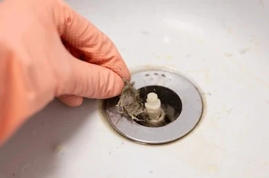Gloved hand removing a hair clump clog from a sink drain.