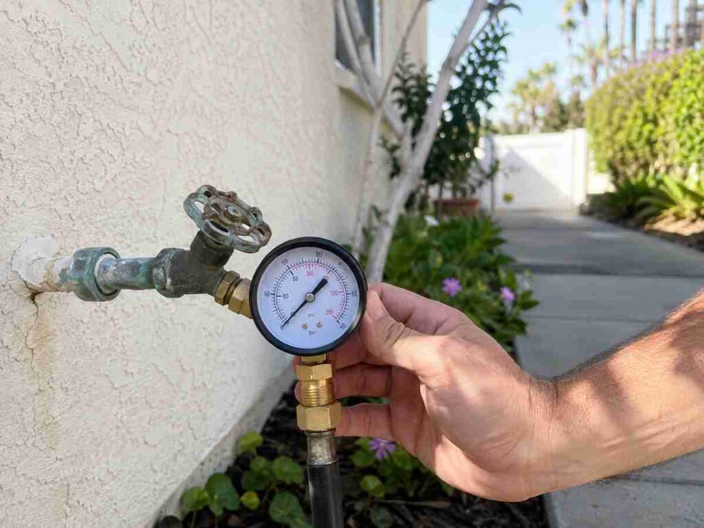 Water pressure gauge attached to an outdoor hose bib to test residential water pressure in San Diego.