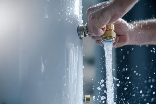 Close-up of a hand attaching a brass hose connector to a water heater drain valve with flowing water.