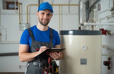 Technician in blue shirt and work overalls filling out paperwork while standing beside a large water heater tank.