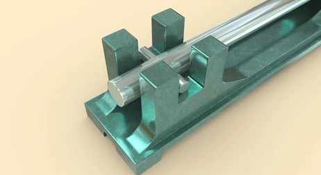 3D digital illustration of a metallic pipe expanding inside a green support bracket, demonstrating thermal expansion.