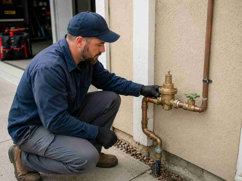 Plumber inspecting a residential water pressure regulator and copper plumbing pipes outside a San Diego home.