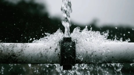 High-pressure water bursting upright from a broken pipe joint during a plumbing leak.