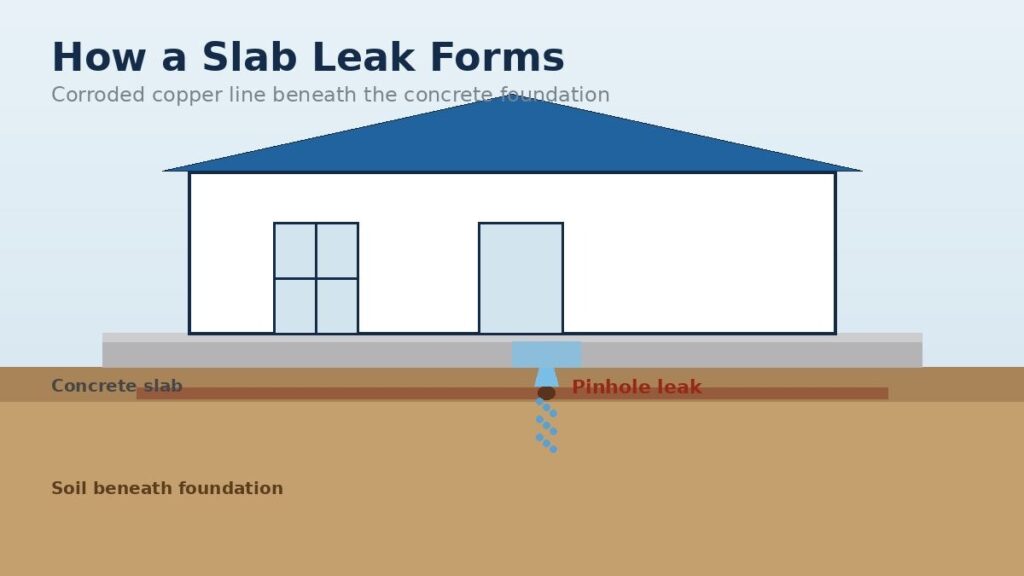 Image illustrating how a slab leak forms under a concrete foundation from a corroded copper pipe