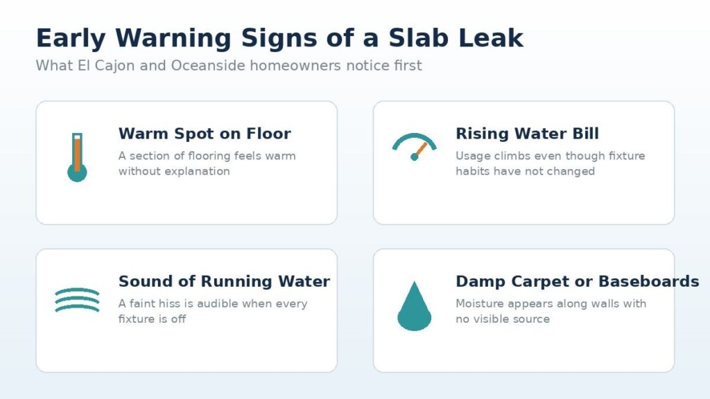 Image showing early warning signs of a slab leak including warm spots, high water bills, running water sounds, and damp carpets