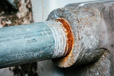 Rust corrosion building up on galvanized steel pipe joint in San Diego home plumbing.