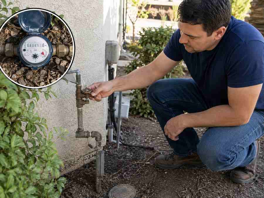 Homeowner turning the main water shutoff valve while checking a residential water meter to narrow down a hidden plumbing leak in San Diego.