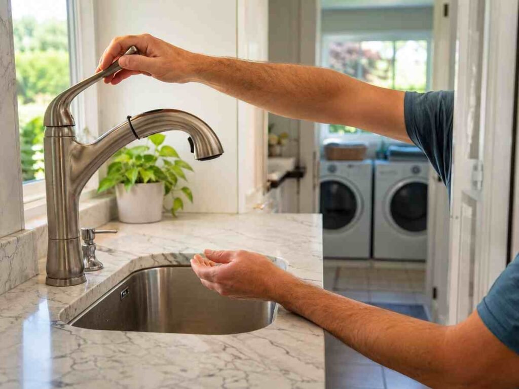 Homeowner turning off a kitchen faucet and household water sources before performing a water meter leak test in a San Diego home.