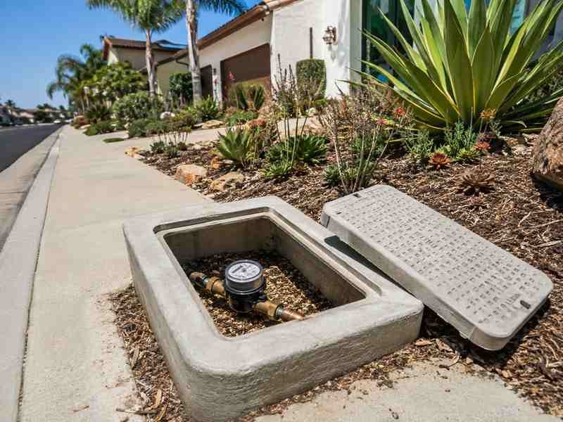 Residential water meter inside an open concrete utility box near the curb of a San Diego home with drought tolerant landscaping.