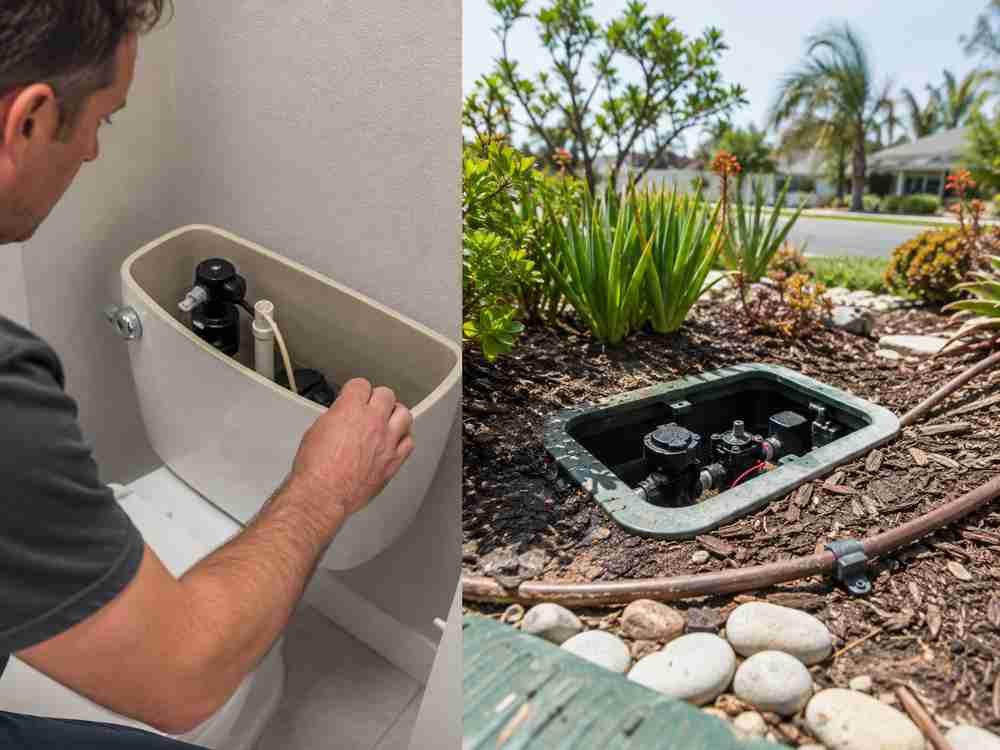 Homeowner inspecting a toilet tank and outdoor irrigation valve as common sources of hidden water leaks in San Diego.